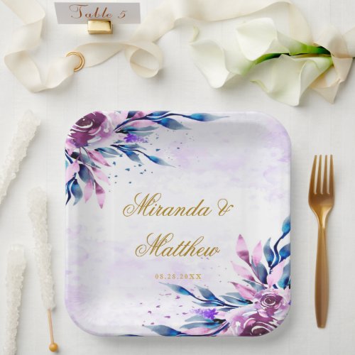 Elegant Purple and Gold Botanical Peonies Wedding Paper Plates