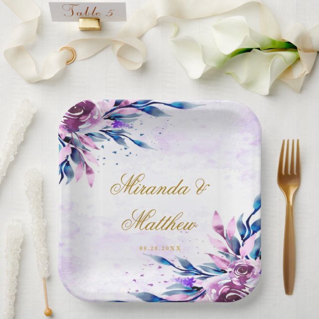 Elegant Purple and Gold Botanical Peonies Wedding Paper Plates (Wedding)