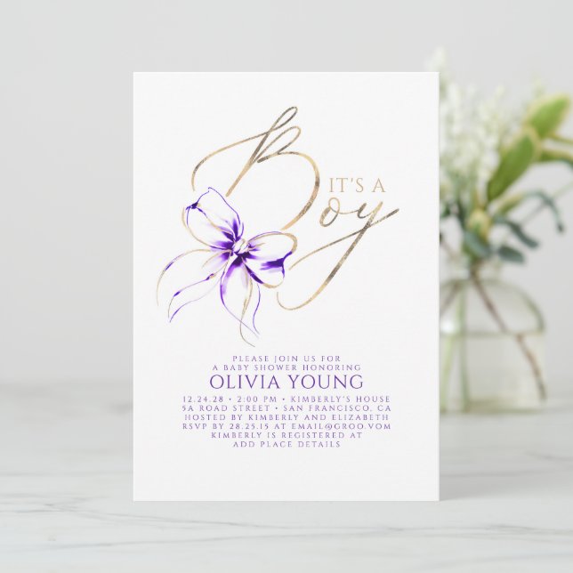 Elegant Purple and Gold Bow Boy Baby Shower Invitation (Standing Front)