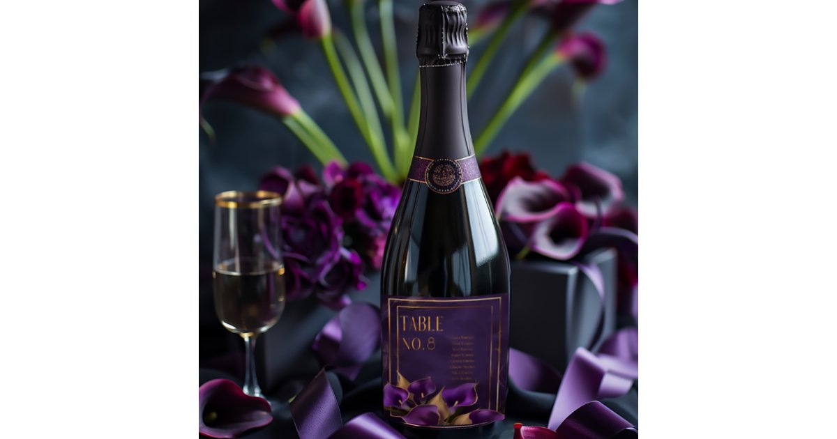 Elegant Purple and Gold Calla Lily Wedding Sparkling Wine Label | Zazzle
