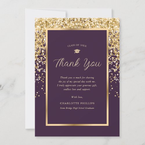Elegant Purple and Gold Confetti Graduation Thank You Card
