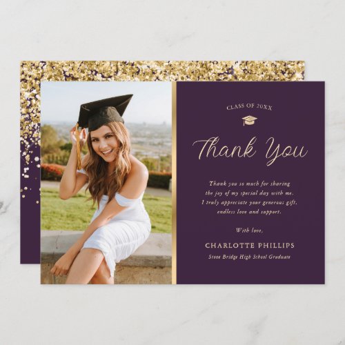 Elegant Purple and Gold Confetti Photo Graduation Thank You Card