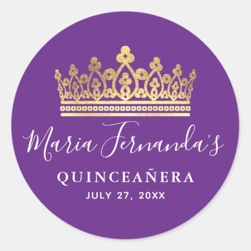 Elegant Purple and Gold Crown Classic Round Sticker