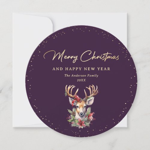 Elegant Purple and Gold Deer Merry Christmas Holiday Card