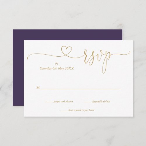 Elegant Purple And Gold Elegant Script Heart  RSVP Card