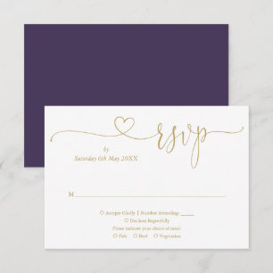 Elegant Purple And Gold Elegant Script Heart  RSVP Card