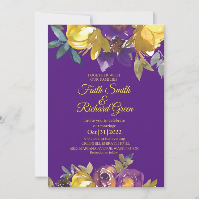Elegant Purple and Gold Fall Wedding Invitations (Front)