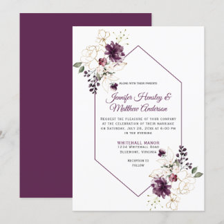 Elegant Purple and Gold Floral Framed Wedding Invitation