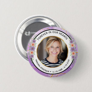 Elegant Purple and Gold Floral Memorial Photo Button