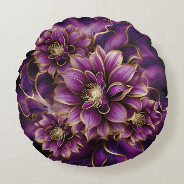 Elegant Purple and Gold Floral Pattern  Round Pillow (Front)