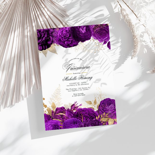 Elegant Purple and Gold Floral Quinceañera Invitation (Elegant Purple and Gold Floral Quinceañera Invitation)