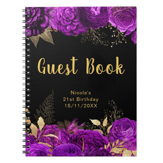 Elegant Purple and Gold Flower Birthday Guest Book (Front)