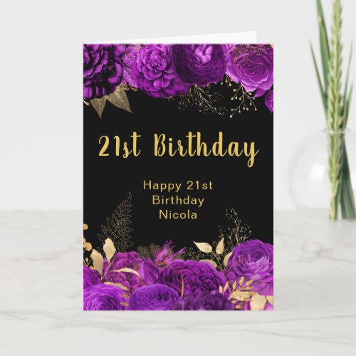 Elegant Purple and Gold Flowers Birthday
