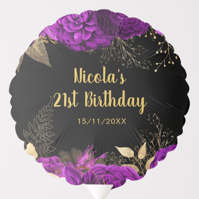 Elegant Purple and Gold Flowers Birthday Party Balloon (Front)