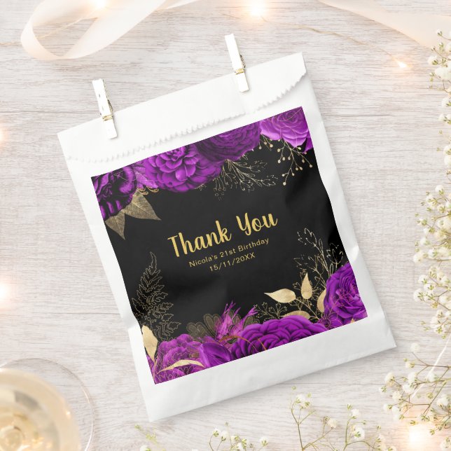 Elegant Purple and Gold Flowers Birthday Party Favor Bag (Clipped)