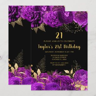 Elegant Purple and Gold Flowers Birthday Party Invitation