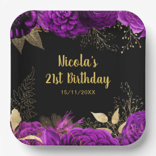 Elegant Purple and Gold Flowers Birthday Party Paper Plates