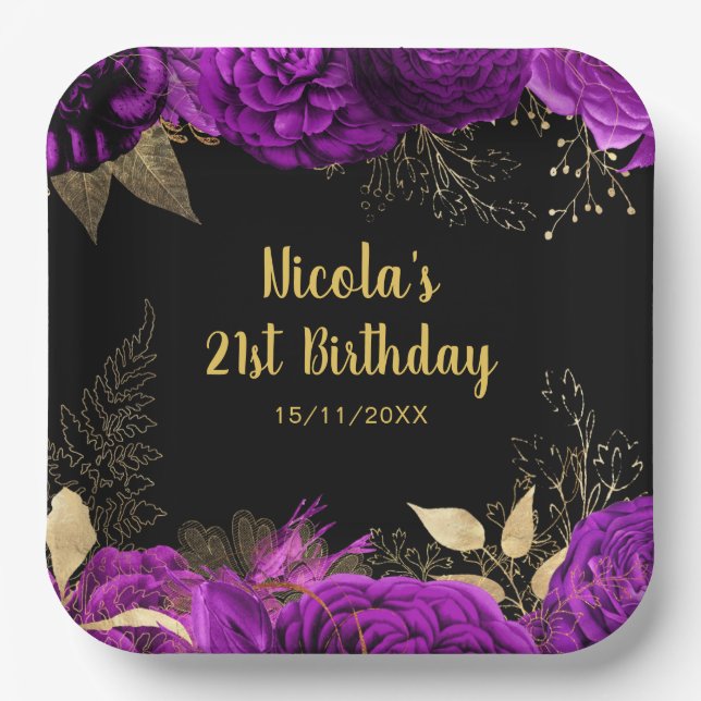 Elegant Purple and Gold Flowers Birthday Party Paper Plates (Front)