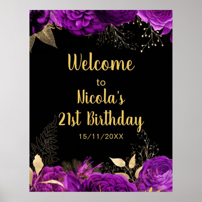 Elegant Purple and Gold Flowers Birthday Party  Poster (Front)