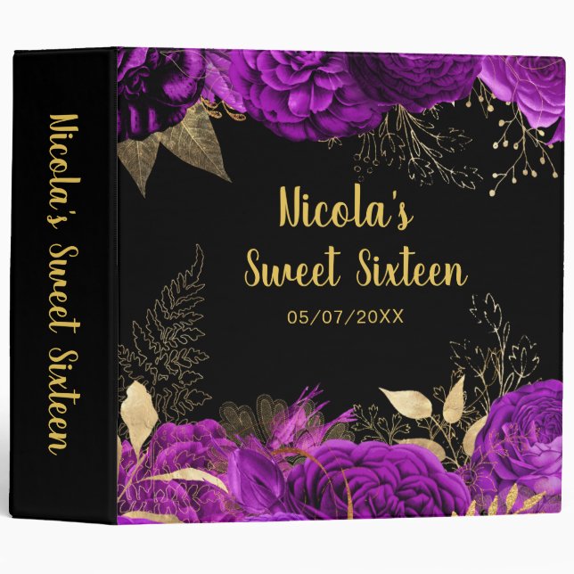 Elegant Purple and Gold Flowers Sweet Sixteen  3 Ring Binder (Front/Spine)