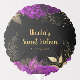 Elegant Purple and Gold Flowers Sweet Sixteen  Balloon
