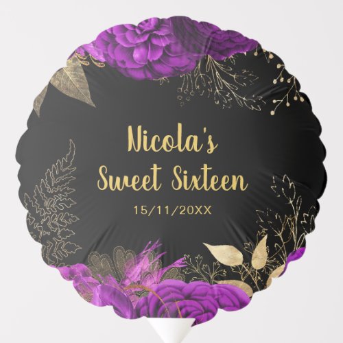 Elegant Purple and Gold Flowers Sweet Sixteen  Balloon