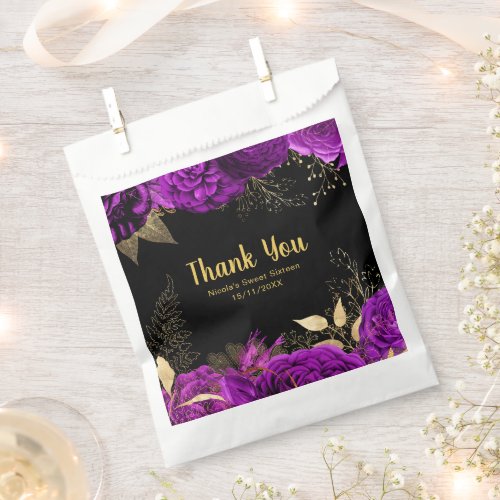 Elegant Purple and Gold Flowers Sweet Sixteen  Favor Bag