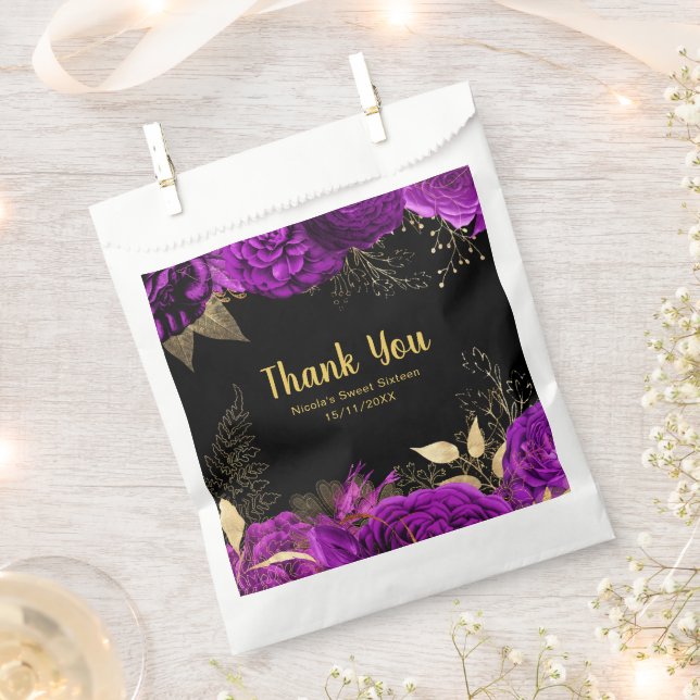 Elegant Purple and Gold Flowers Sweet Sixteen  Favor Bag (Clipped)