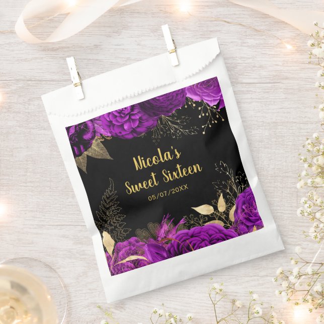 Elegant Purple and Gold Flowers Sweet Sixteen  Favor Bag (Clipped)