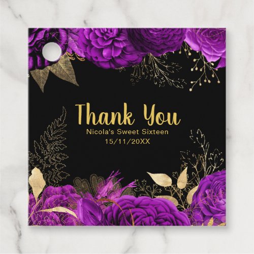 Elegant Purple and Gold Flowers Sweet Sixteen  Favor Tags