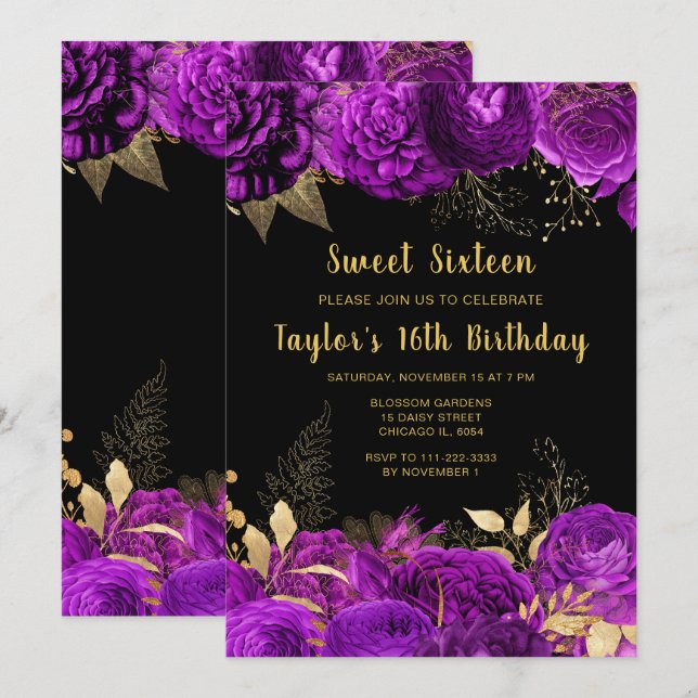 Elegant Purple and Gold Flowers Sweet Sixteen Invitation (Front/Back)
