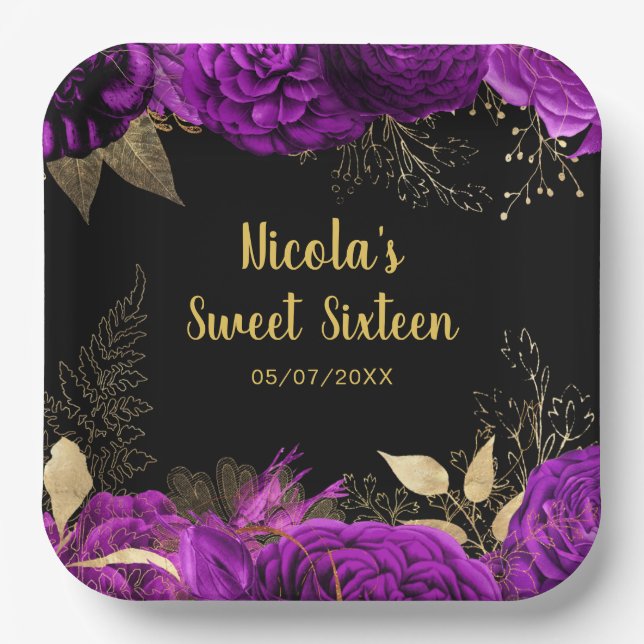 Elegant Purple and Gold Flowers Sweet Sixteen  Paper Plates (Front)