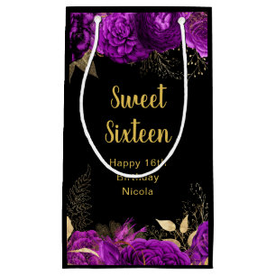 Elegant Purple and Gold Flowers Sweet Sixteen Small Gift Bag