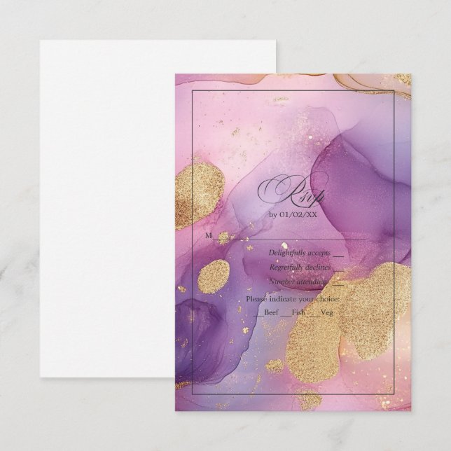 Elegant Purple and Gold Flowing Alcohol Ink RSVP Card (Front/Back)