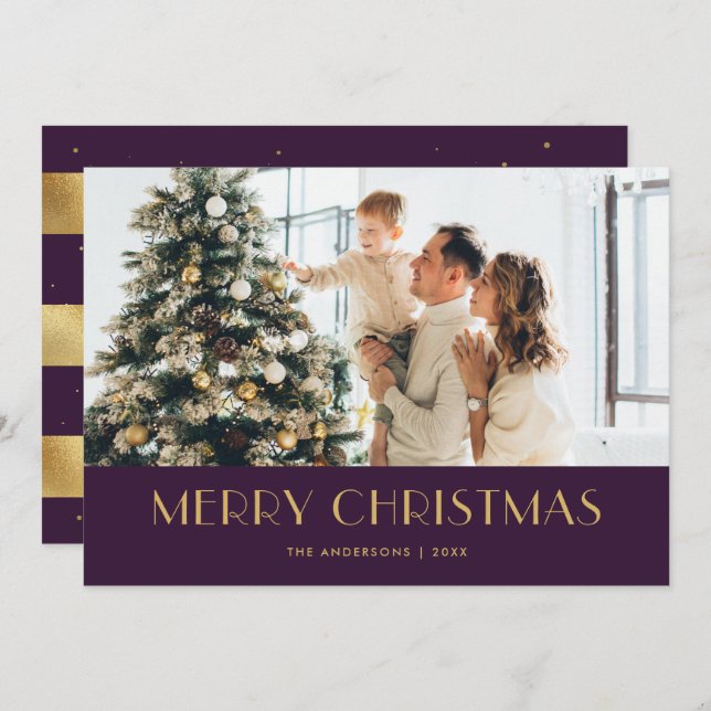 Elegant Purple and Gold Foil Photo Christmas Cards (Front/Back)