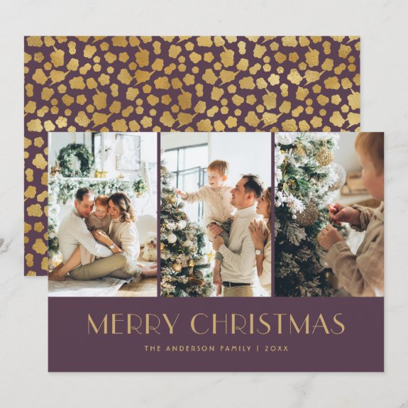 Elegant Purple and Gold Foil Stars Photo Christmas Card