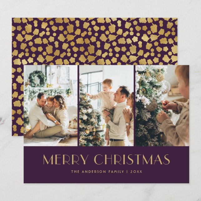 Elegant Purple and Gold Foil Stars Photo Christmas Holiday Card (Front/Back)