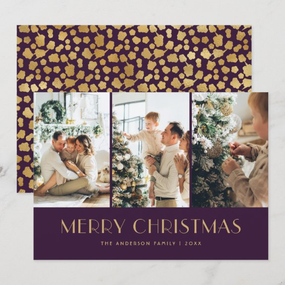 Elegant Purple and Gold Foil Stars Photo Christmas Card