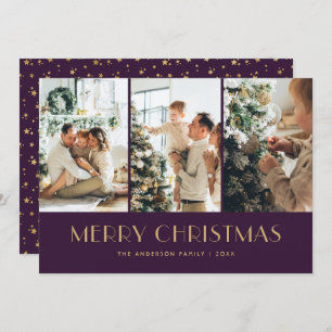 Elegant Purple and Gold Foil Stars Photo Christmas Holiday Card