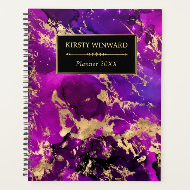 Elegant Purple and Gold Galaxy Marble Monogram Planner (Front)