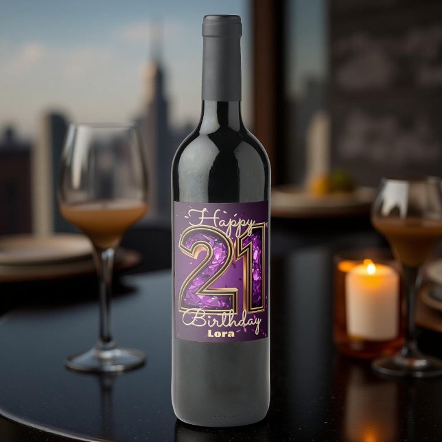 Elegant Purple and Gold Gemstone 21st Birthday Wine Label (Creator Uploaded)