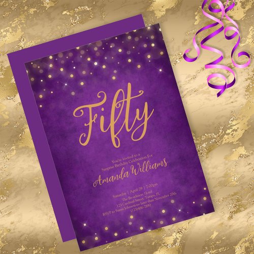 Elegant Purple and Gold Glam 50th Birthday Invitation