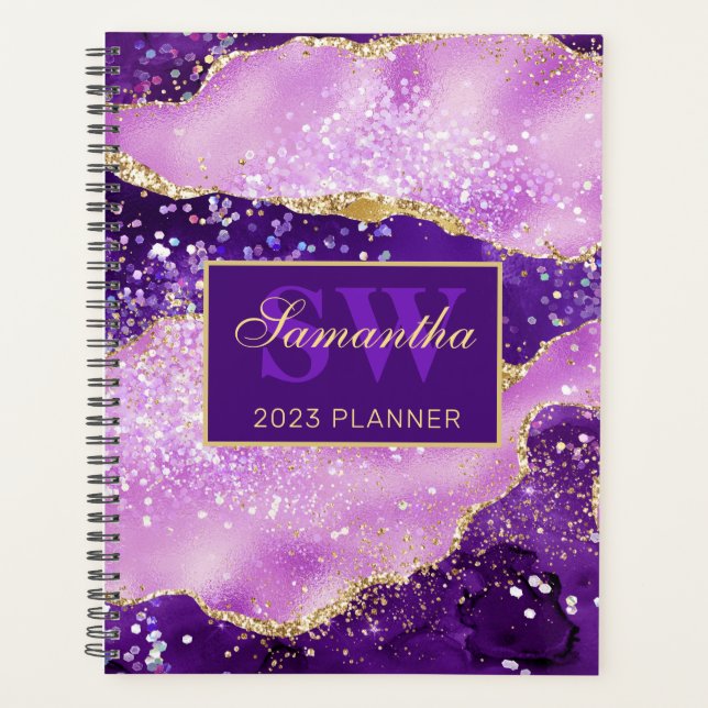 Elegant Purple and Gold Glitter Agate Monogram Planner (Front)