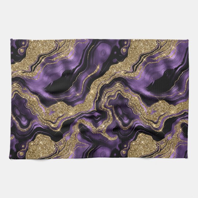 Elegant Purple and Gold Glitter Agate Pattern Kitchen Towel (Horizontal)