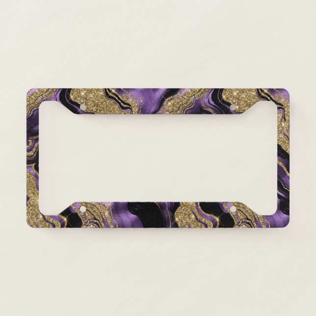 Elegant Purple and Gold Glitter Agate Pattern License Plate Frame (Front)