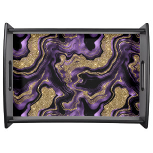 Elegant Purple and Gold Glitter Agate Pattern Serving Tray