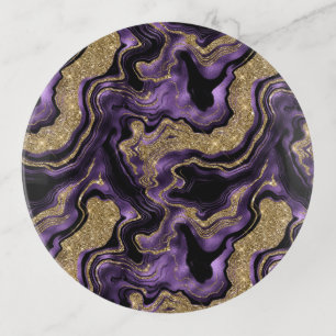 Elegant Purple and Gold Glitter Agate Pattern Trinket Tray