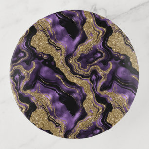 Elegant Purple and Gold Glitter Agate Pattern Trinket Tray
