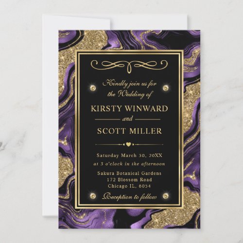 Elegant Purple and Gold Glitter Agate Wedding Invitation