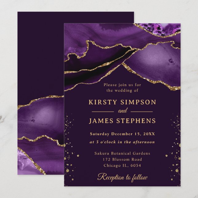 Elegant Purple and Gold Glitter Agate Wedding Invitation (Front/Back)